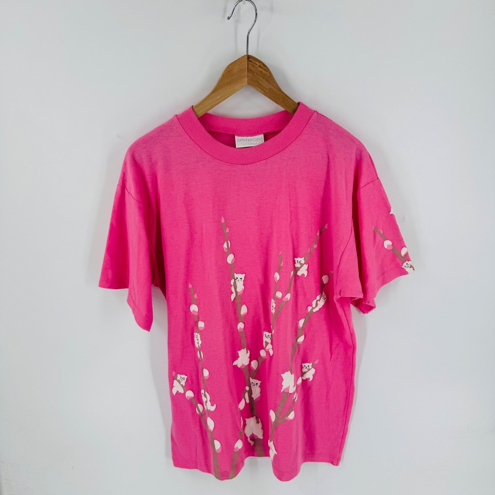 Vintage Spumoni Graphic Kitten Puff Print T-Shirt Size Small Pink 80s 90s Style